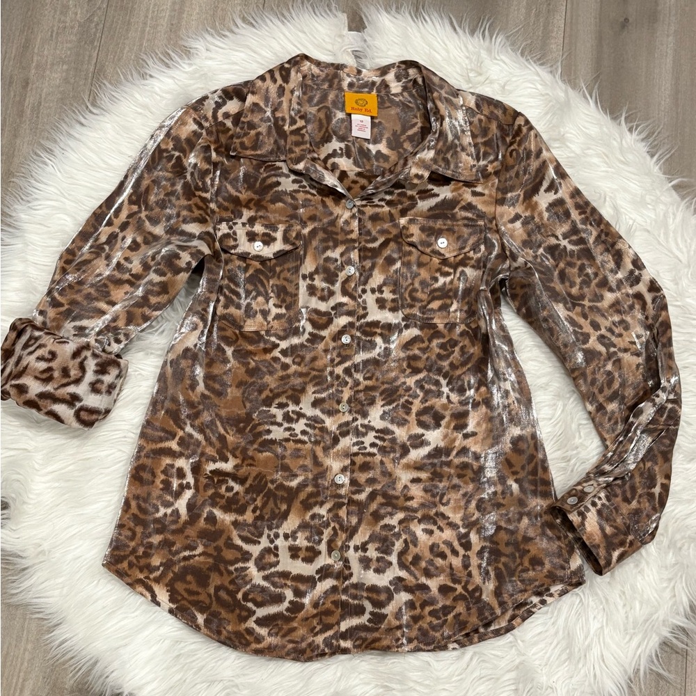 Ruby Rd. Shiny Brown Leopard Button Down Shirt Size 12